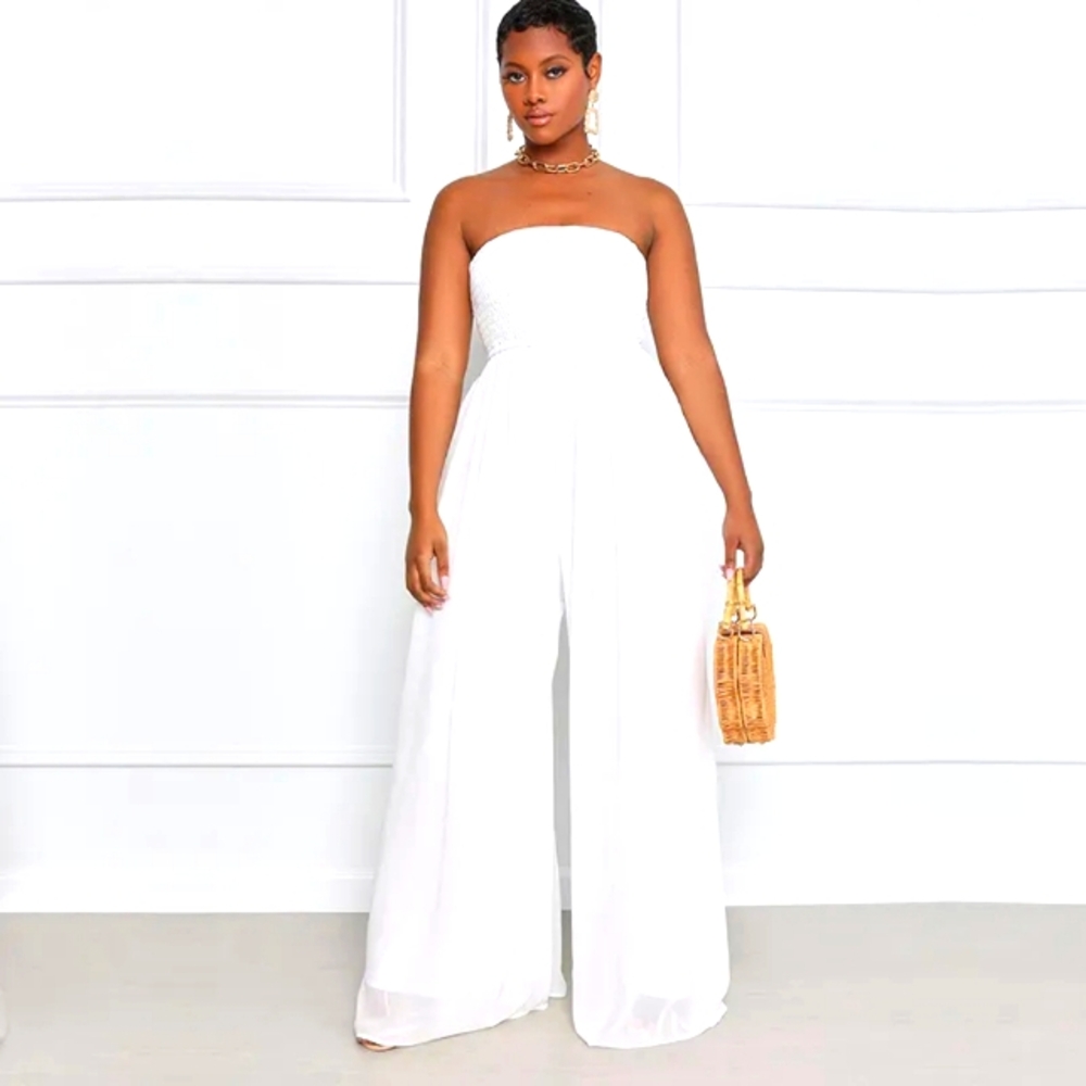 Strapless White Wide-Leg Smocked Jumpsuit